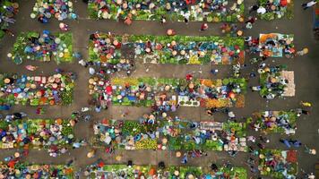Aerial top-down view of vibrant Vietnamese market with fruits, vegetables, and people in conical hats. Colorful local culture and traditional street commerce in Southeast Asia. video