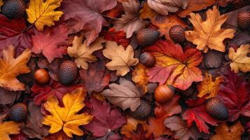 Autumnal Abundance A Captivating Close Up of Deciduous Forest Floor Covered in Colorful Fallen Leaves and Acorns Displaying the Beauty and Richness of the Fall Season photo