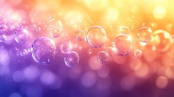 Abstract bubbles floating in a vibrant gradient background with sparkling light effects, creating a dreamy and ethereal atmosphere for cosmetic or science presentation photo