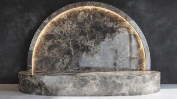 Empty circle base in luxury design for product display with marble pattern and light shine on dark black background photo