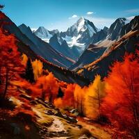 Autumnal Mountain Landscape with Colorful Trees and Snow-Capped Peak photo