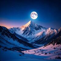 Pixel Art Majestic Snowy Mountain Range Under a Bright Full Moon at Night photo