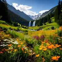 Vibrant Wildflower Meadow with Majestic Waterfall and Mountain View photo