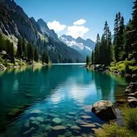 Serene Alpine Lake with Crystal Clear Water and Mountain View photo