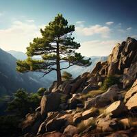 Solitary Pine Tree on Rocky Mountaintop Scenic View photo