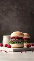 Mini burgers with fresh ingredients served on a wooden board for a cookbook recipe feature photo