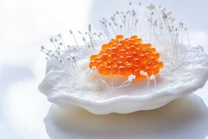 Exquisite orange osetra caviar on a ceramic slab with microgreens and verbena-infused foam presenting modern culinary art photo
