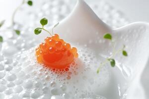 Minimalist presentation of red osetra caviar on porcelain with verbena-infused foam detailing in soft lighting photo