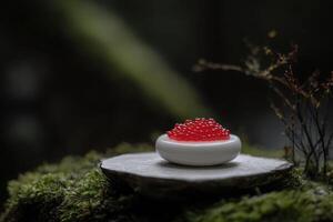 Single pearl of red caviar on white ceramic slab with moss and verbena foam under soft lighting photo