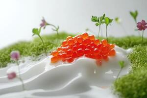 Delicate presentation of red caviar on porcelain with microgreens and verbena foam photo