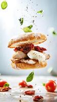 Floating sandwich with grilled chicken, mozzarella, and sun-dried tomatoes in a bright and lively setting photo