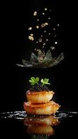 Golden-brown seared scallops on silky yuzu beurre blanc with caviar garnished elegantly for visual appeal photo
