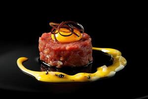 Intricate Wagyu tartare served with smoked egg yolk and aged soy reduction on a matte-black plate photo