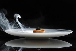 Gourmet dish featuring a seared scallop on yuzu gel with black caviar and yuzu air elegantly presented in fine dining style photo