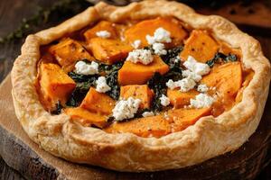 Rustic vegetarian pie with sweet potatoes, spinach, and goat cheese filling in warm autumnal setting photo