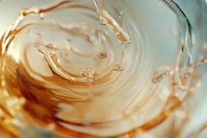Delicate tea pouring into translucent cup, creating elegant swirling patterns in warm light photo