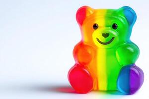 A cheerful, oversized gummy bear figurine displays vibrant rainbow colors. The bears glossy surface reflects light, enhancing its playful appearance against a simple white backdrop. photo