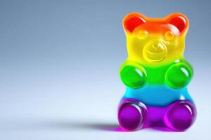 A vibrant gummy bear sits upright on a smooth surface, showcasing an array of bright colors including red, orange, yellow, green, blue, and purple. The toy piece glistens under soft lighting. photo