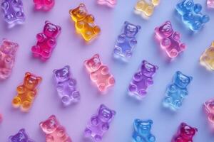 Bright, translucent gummy bears in various colors are evenly spread across a soft pastel background. The playful arrangement creates a cheerful and whimsical atmosphere, showcasing their charm. photo