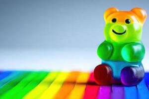 A bright gummy bear toy with bold colors sits on a rainbow-striped surface. The playful design contrasts with the soft gradient of the background, enhancing the whimsical feel of the scene. photo