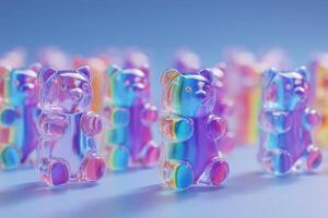 A group of translucent, colorful gummy bears stands in formation against a gradient background. The bears reflect light, showcasing various hues and a playful design that draws attention. photo