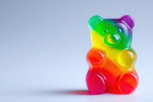 A large gummy bear in an array of bright colors sits on a smooth, neutral surface. Its playful design and translucent appearance capture attention. The candys glossy texture enhances its appeal. photo