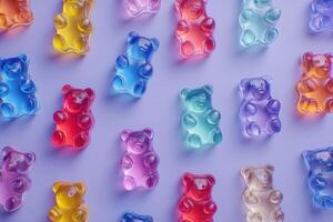 A vibrant arrangement of gummy bears in various colors, including red, blue, yellow, and purple, set against a soft pastel background. The bears showcase a glossy texture and playful appeal. photo