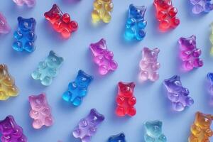 Various gummy bears in multiple colors are arranged on a blue surface. The shiny candies reflect light, creating an appealing and playful atmosphere that invites indulgence. photo