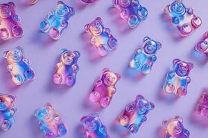 A variety of gummy bears in shades of pink and blue are neatly arranged on a smooth purple surface. The candy glistens under soft light, showcasing their playful and whimsical design. photo