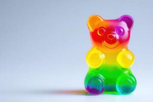 A bright gummy bear candy with a rainbow gradient sits upright on a clean, smooth surface. Its cheerful expression and vivid colors create a playful and appealing look, perfect for sweet treats. photo