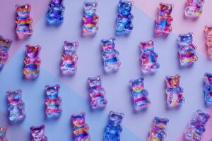 A vibrant array of gummy bears in various hues is displayed on a pastel-colored surface. The playful arrangement showcases the transparent candies reflecting light, creating a cheerful atmosphere. photo