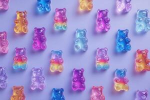 Bright, translucent gummy bears in various colors are scattered across a smooth, pastel surface. Each bear features distinct hues, creating a whimsical and cheerful scene. photo