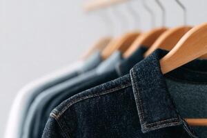 A selection of denim shirts, varying in shades from dark to light, is neatly displayed on wooden hangers. The hangers are arranged in a row against a neutral backdrop, emphasizing the textile details. photo
