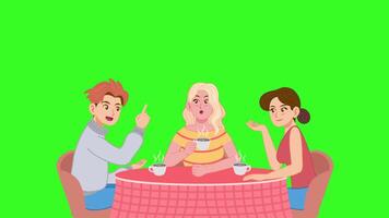 Loop animation of three friends talking and drinking coffee in a modern cartoon style. Green screen chroma key. video