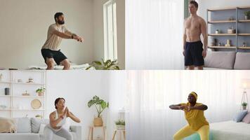 In a bright, modern home, a diverse group of individuals performs various exercises, showcasing dedication to fitness. Different settings highlight home workout routines and athleticism. video
