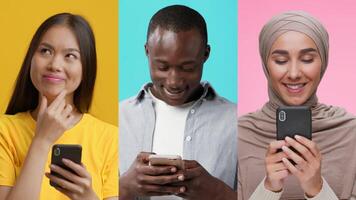 Three individuals of diverse backgrounds interact with their smartphones, expressing various emotions against vibrant, contrasting backgrounds. video