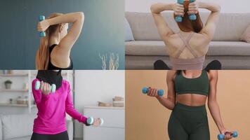 Four individuals with different backgrounds are participating in fitness activities, showcasing strength training with dumbbells in diverse indoor environments. video
