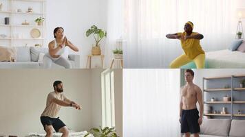 im ein hell, modern Raum, ein vielfältig Gruppe von Sportler engagiert im verschiedene Trainingseinheiten. jeder Person demonstriert ein einzigartig Fitness Routine, fördern ein gesund Lebensstil und aktiv Leben. video