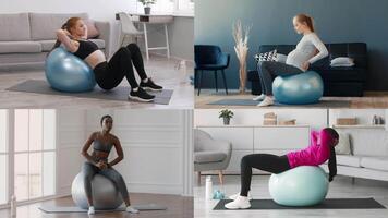 In a stylish indoor setting, four people of different backgrounds utilize exercise balls for various fitness routines. video