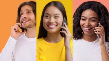 Three young adults, smiling while talking on their smartphones, showcase a sense of connection. The vibrant backgrounds add energy to their cheerful interactions. video