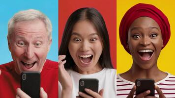 Three individuals with diverse backgrounds showcase excitement and surprise as they engage with their smartphones. The colorful backdrop enhances the lively atmosphere. video