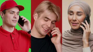Three individuals engage in lively phone conversations, showcasing diverse backgrounds and expressions, set against bright, colorful backdrops that enhance the atmosphere. video