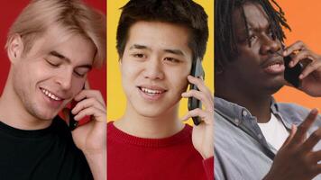 Three diverse individuals, each holding a phone to their ear, are engaged in lively conversations while standing in front of vibrant, solid-color backdrops. video