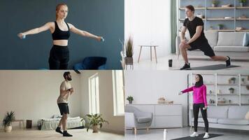 Featuring a diverse group of individuals performing various athletic exercises in cozy home settings, these fitness enthusiasts showcase a healthy lifestyle and commitment to wellness. video