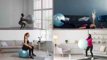 Individuals of different backgrounds participate in diverse fitness activities using exercise balls. They showcase workouts that promote health and athleticism in a cozy home environment. video