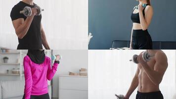 im ein modern Innen- Einstellung, Einzelpersonen von verschiedene Hintergründe ausführen Fitness Übungen mit Hanteln. jeder Person Vitrinen ihr Sportlichkeit und Engagement zu ein gesund Lebensstil. video