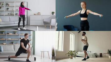 Menschen von anders Hintergründe teilnehmen im verschiedene Fitness Aktivitäten beim heim. Sie Vitrine Workouts mögen dehnen, Heben Gewichte, und Ausfallschritte im ein lebhaft und gesund Atmosphäre. video
