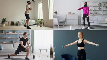 Four individuals perform different fitness activities in bright, modern indoor spaces. The diverse group showcases a mix of strength and cardio exercises reflecting an active lifestyle. video