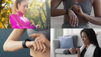 Individuals engage in various fitness activities while checking their smartwatches. This collection showcases moments of exercise, motivation, and healthy living across different settings. video
