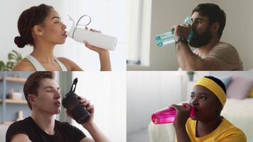 Four people engaged in their fitness routines at home, each taking a refreshing drink from colorful water bottles. They represent a variety of backgrounds and athletic lifestyles. video